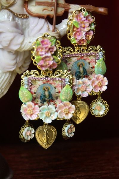 SOLD! 3100 Virgin Mary Hand Painted Flower Cameo Heart Studs Earrings