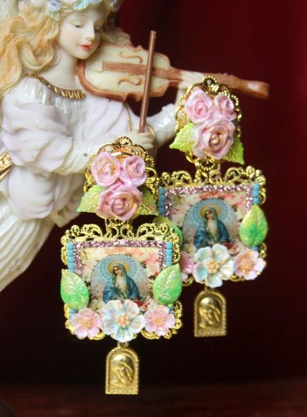 SOLD! 3101 Virgin Mary Hand Painted Flower Cameo Heart Studs Earrings