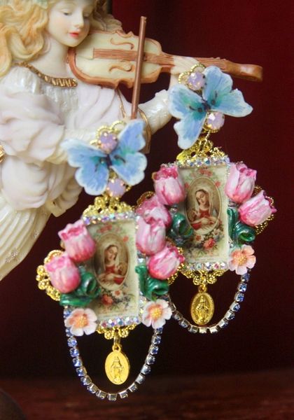 SOLD! 3102 Tulips Virgin Mary Hand Painted Flower Cameo Heart Studs Earrings