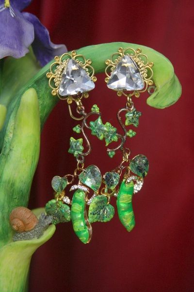 SOLD! 3112 Hand Painted Green Peace Clear Crystal earrings