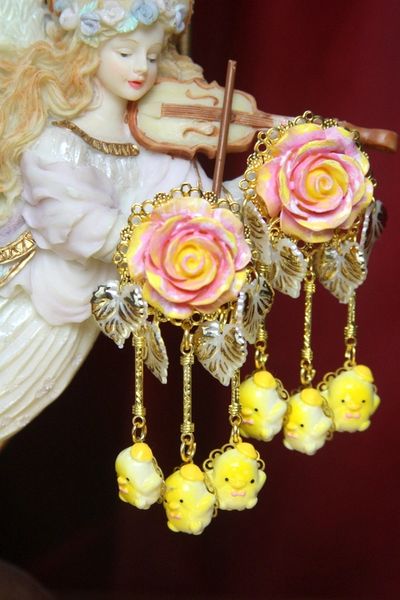 SOLD! 3123 Spring 2018 Designer Inspired Yellow Chick Hand Painted Rose Earrings Studs