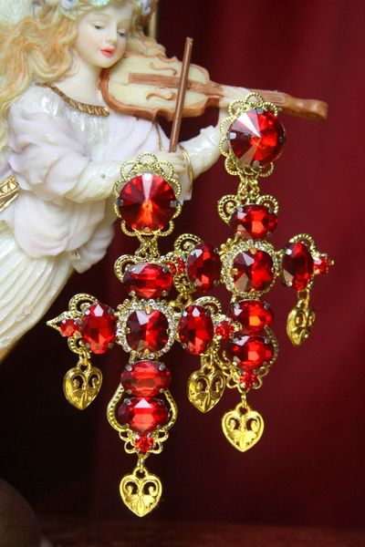 SOLD! 3125 Baroque Red Crystals Gold HeartCharms Earrings Studs