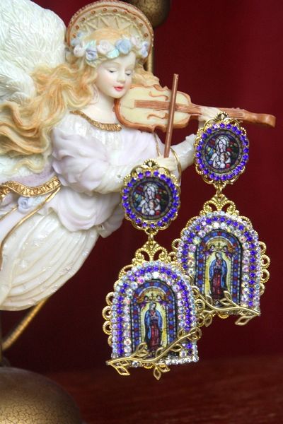 SOLD! 3135 Virgin Mary Church Stained Glass Earrings Studs