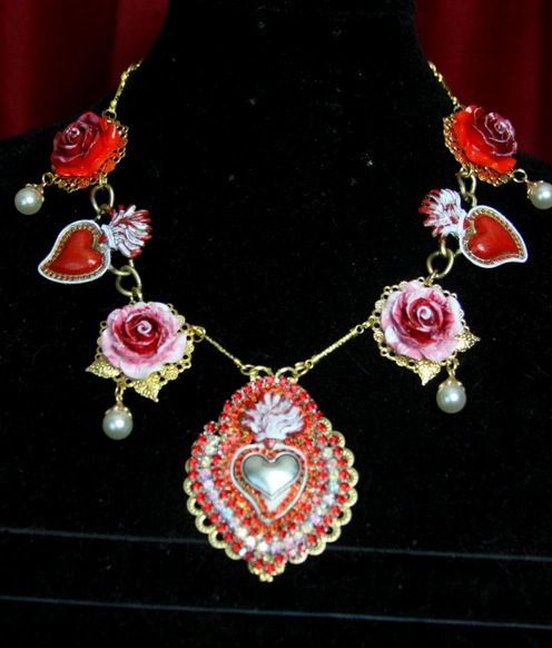SOLD! 3134 Baroque Sacred Heart Roses Pearl Hand Painted Necklace