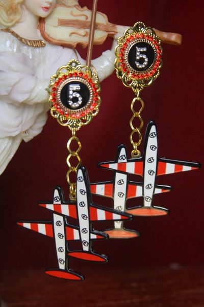 SOLD! 3140 Madam Coco Airplane Number Chain Studs earrings