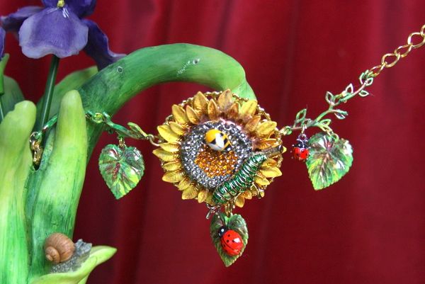 3145 Baroque Crystal Sunflower Hand Painted Leaf Caterpillar Bracelet