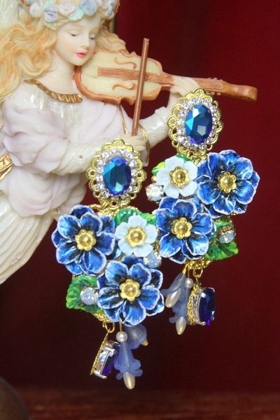 SOLD! 3152 Baroque Hand Painted Blue Flowers Crystal Studs Earrings