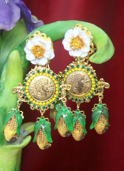 SOLD! 3151 Baroque Hand Painted Corn Roman Coin Flower Studs Earrings