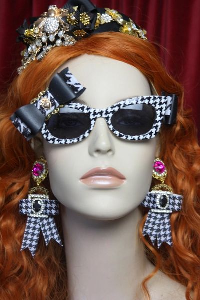 SOLD! 3161 Set Of Houndstooth Elegant Bow Sunglasses + Earrings