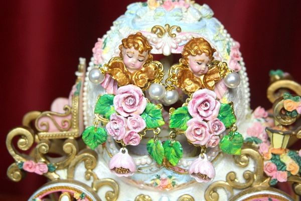 SOLD! 3146 Total Baroque Hand Painted Massive Cherub Angel Roses Pearl Earrings Studs