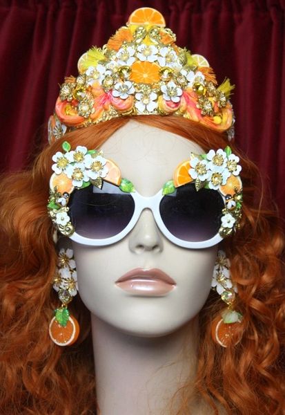 SOLD! 3166 Set Of Orange Yellow Fringe Baroque Orange Fruit Crown+ Earrings