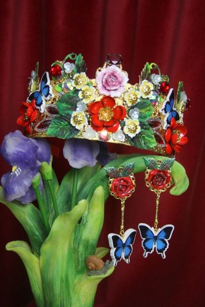 SOLD! 3167 Spring 2018 Set Of Runway Baroque Hand Painted Vivid Garden Butterflies Crown+ Earrings