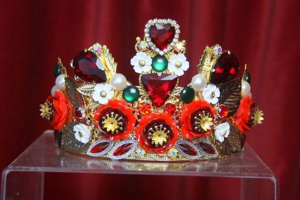3169 Set Of Baroque Red Rose Leaf Crystals Crown+ Earrings