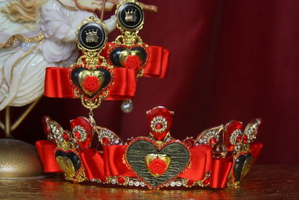 3170 Set Of Baroque Bow Black Heart Flower Pearl Crown Tiara+ Earrings