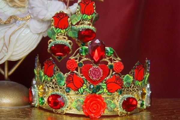 3171 Set Of Baroque Red Rose Leaf Crystals Crown+ Earrings
