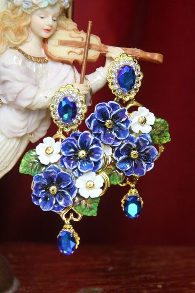 SOLD! 3173 Baroque Hand Painted Blue Flowers Crystal Studs Earrings