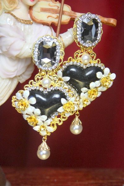 SOLD! 3178 Baroque Heart Black Heart Crystal Pearl Studs Earrings