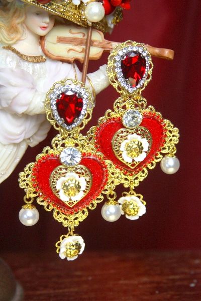 SOLD! 3179 Baroque Heart Red Heart Crystal Pearl Studs Earrings