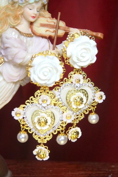 SOLD! 3180 Baroque Heart White Heart Crystal Pearl Studs Earrings