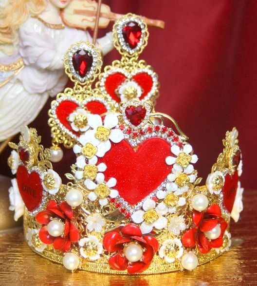 SOLD! 3182 Set Of Baroque Red Rose Red Heart Crystals Crown+ Earrings