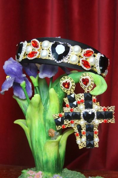 SOLD! 3195 Baroque Black Red Crystal Flower Crown Headband
