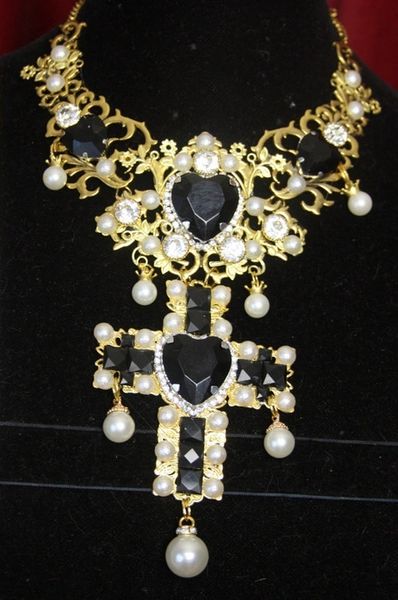 SOLD! 3200 Total Baroque Massive Black Crystal Pearl Cross Necklace