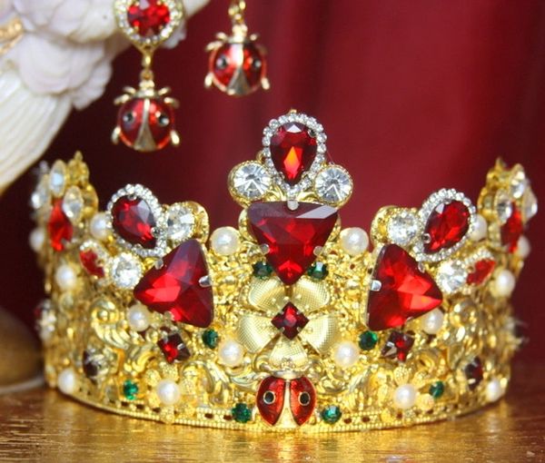 SOLD! 3198 Set Of Baroque Gold Filigree Crystals Enamel Ladybug Crown+ Earrings
