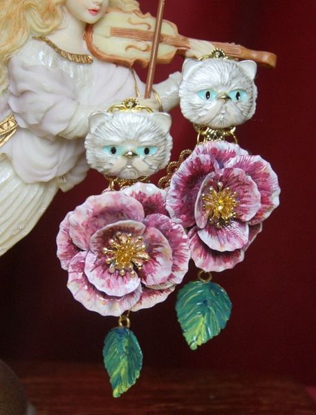 SOLD! 3209 Baroque Hand Painted Enamel Cat Rose Leaf Earrings Studs