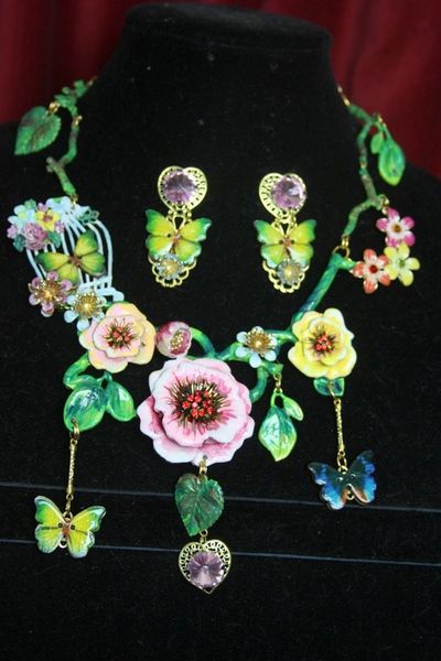 SOLD! 3212 Set Of Enamel Baroque Hand Painted Chunky Flowers Necklace+ Earrings