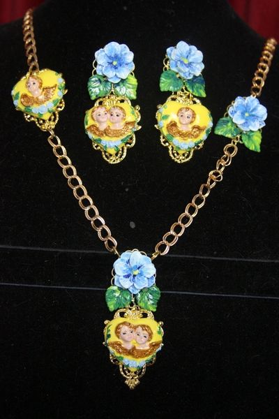 3215 Baroque Hand Painted Yellow Heart Cherubs Necklace +