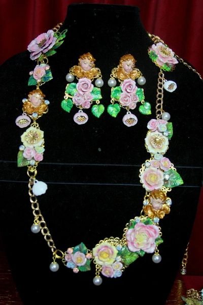 SOLD! 3216 Total Baroque Hand Pained Long Cherub Putti Necklace Set