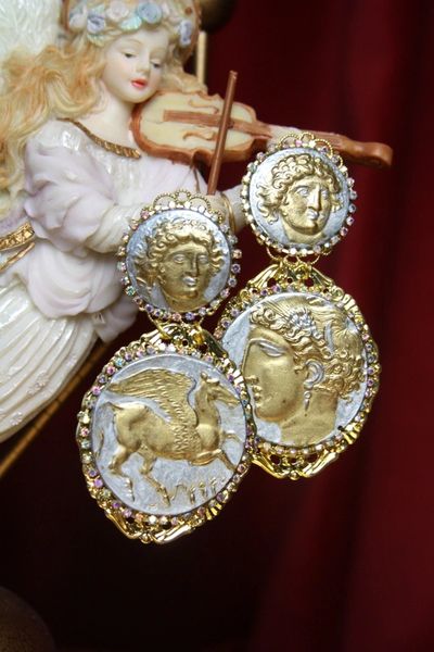SOLD! 3223 Roman Coin Massive Hand Painted Silver Gold Studs Earrings