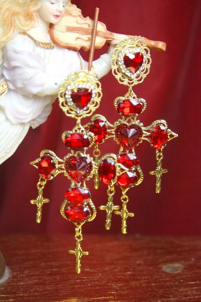 SOLD! 3224 BAaroque Red Crystal Heart Cross Earrings