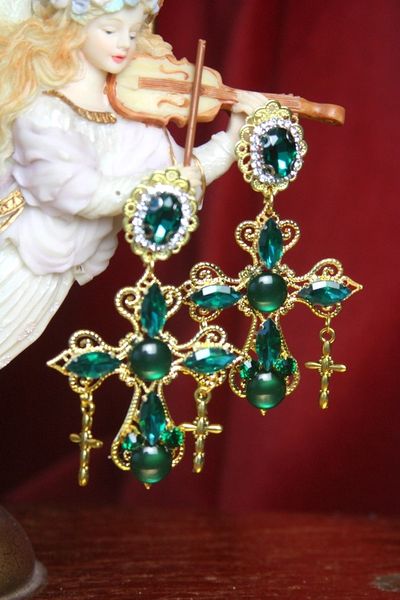SOLD! 3225 Baroque Green crystal Cross Studs Earrings