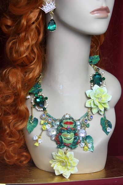 SOLD! 3237 Set Of Unique The Frog Prince Hand Painted Lily Necklace+ Earrings