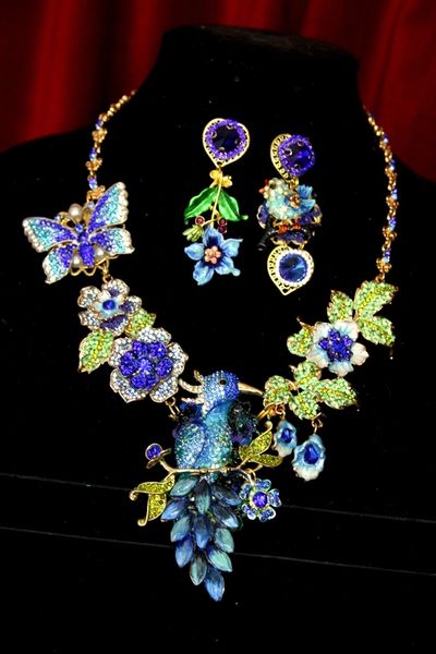 SOLD! 3238 Set Of Art Nouveau Crystal Bird Flowers Leaves Necklace+ Earrings