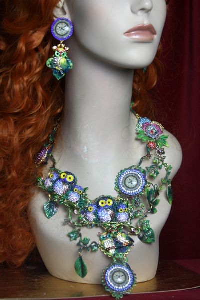 SOLD! 3239 Set Of Unusual Crystal Owl Clock Hand Painted Necklace+ Earrings