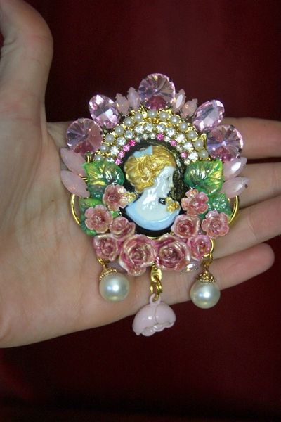 SOLD! 3264 Vintage Cameo Hand Painted Victorian Huge Crystal Brooch