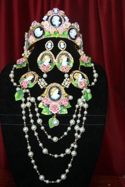 SOLD! 3265 Set Of Hand Painted Vintage Cameo Victorian Pearl Necklace+ Earrings