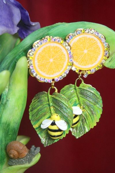 SOLD! 3307 Baroque Sicilian Lemon Fruit Hand Painted Leaf Bee Earrings