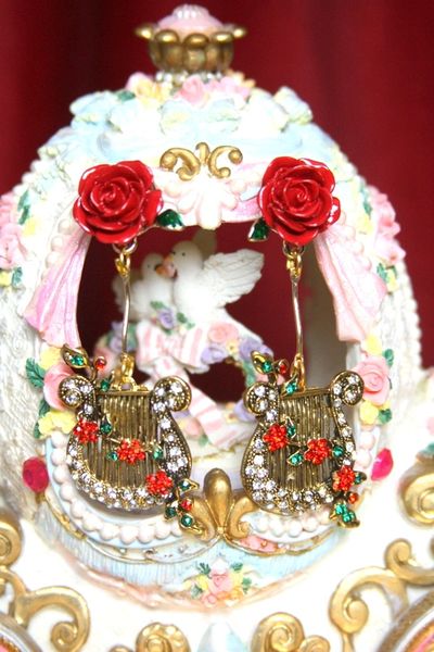 SOLD! 3308 Baroque Crystal Harp Rose Earrings Studs