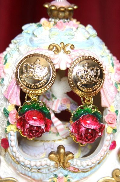 SOLD! 3309 Baroque Designer Inspired Crown Hand Painted Rose Earrings Studs
