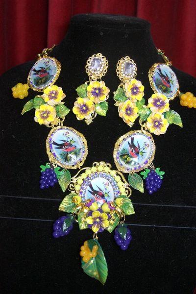 SOLD! 3312 Set Of Hand Painted Flower Leaf Bird Cameo Necklace+ Earrings