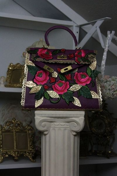 SOLD! 405 GENUINE LEATHER Purple Flower Emroidery One Of A Kind Embellished Handbag Purse