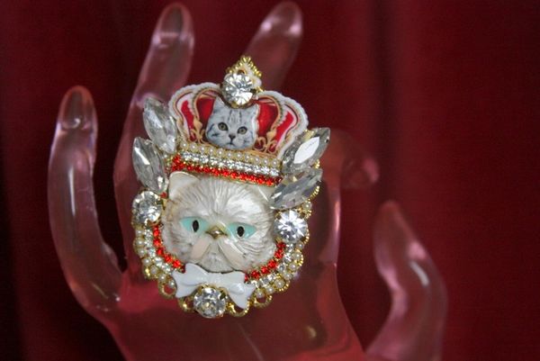 SOLD! 3317 Baroque Royal Enamel Cat Crown Adjustable Cocktail Ring