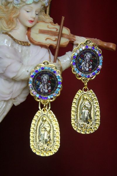 SOLD! 3337 Virgin Mary Cameo Coin Rhinestone Elegant Statement Earrings Studs