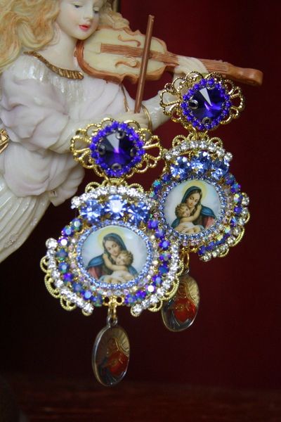 SOLD! 3341 Virgin Mary Cameo Blue Crystal Pearl Elegant Statement Earrings Studs
