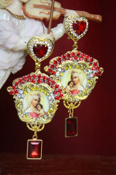 SOLD! 3348 Virgin Mary Madonna Red Heart Crystal Studs Earrings