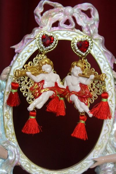 SOLD! 3349 Baroque Hand Painted Tassel Cherubs Studs Earrings