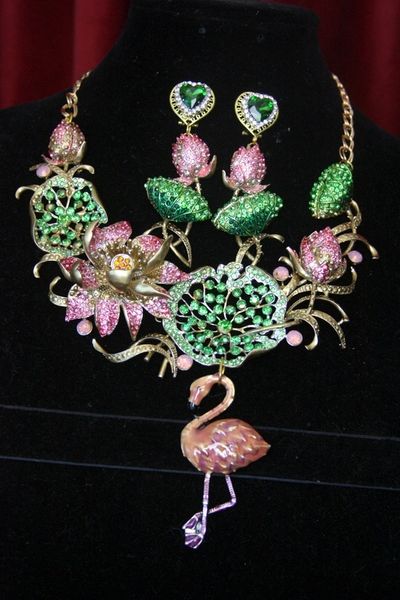 SOLD! 3350 Art Nouveau Crystal Lake Lily Enamel Flamingo Set of NEcklace+ Earrings